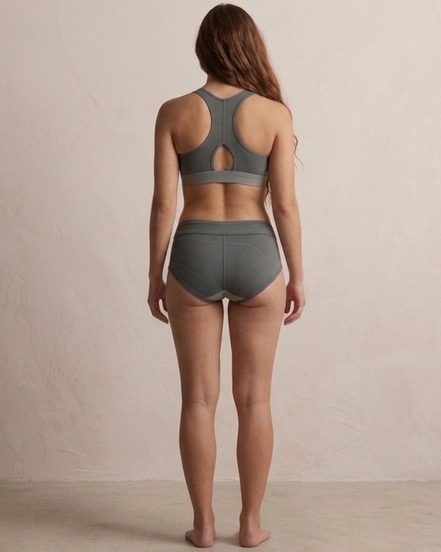 Model 01, back view, wearing the hæld Neo-Form set