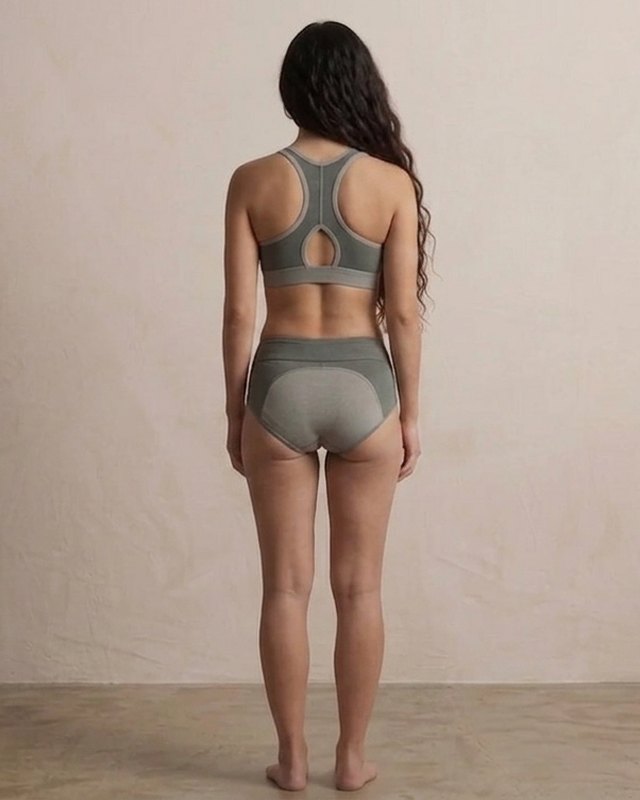 Model 03, back view, wearing the hæld Neo-Form set