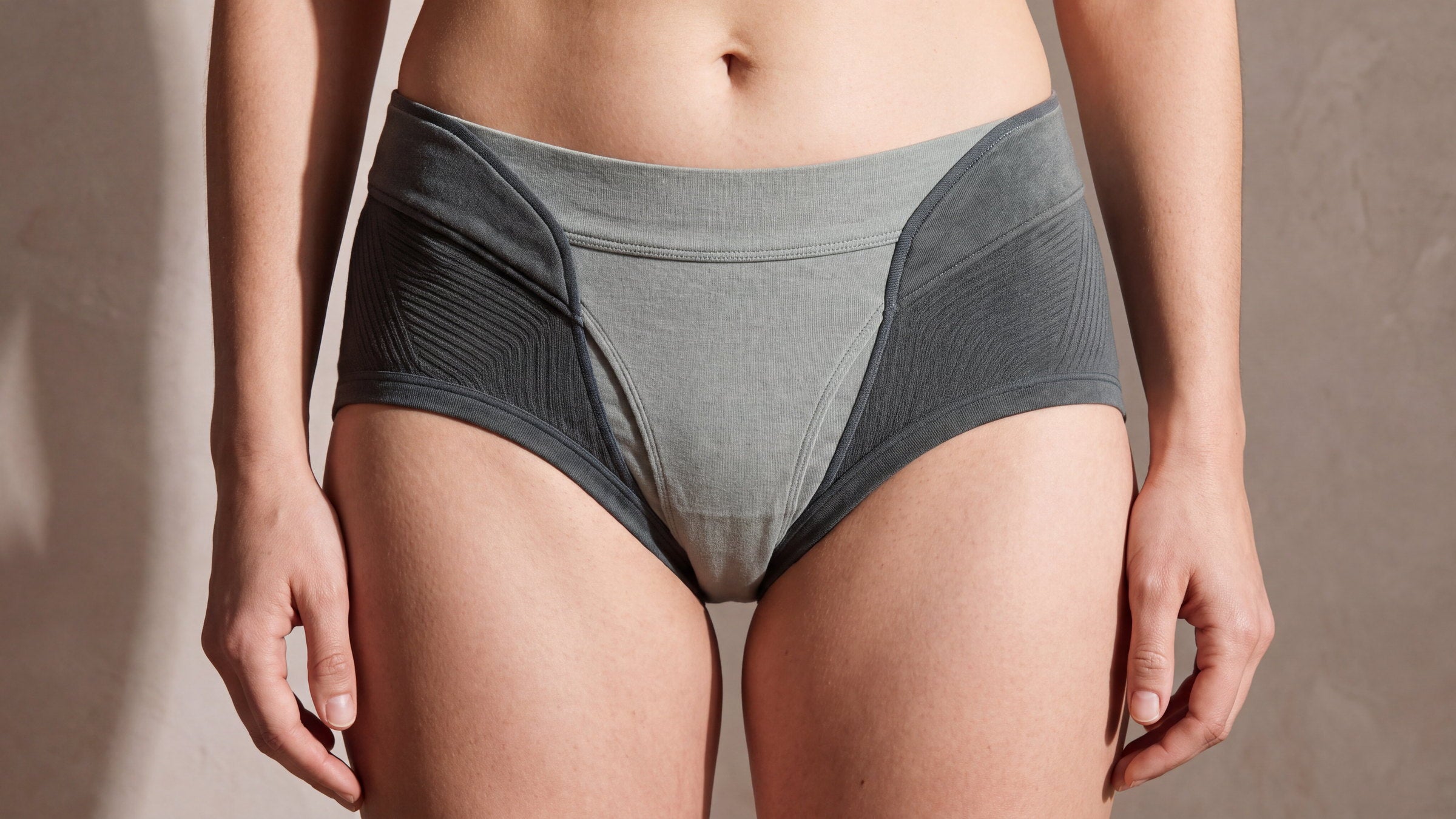 Close-up of the briefs from the front, showing the two-tone contoured panel construction
